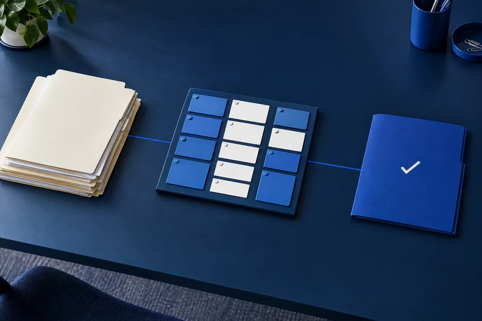 Illustrative workflow with incoming documents, organized task tiles, and a completed folder